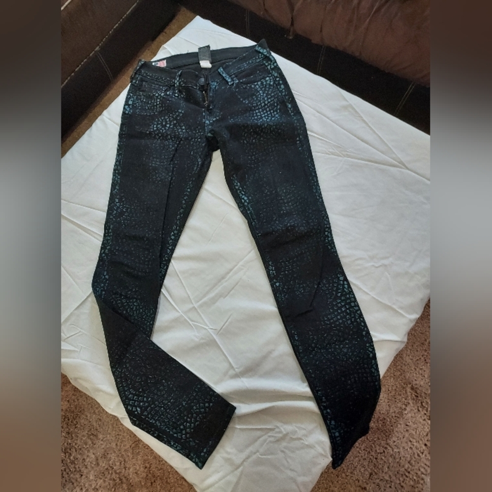 True Religion Black and Blue Patterned Denim Jeans